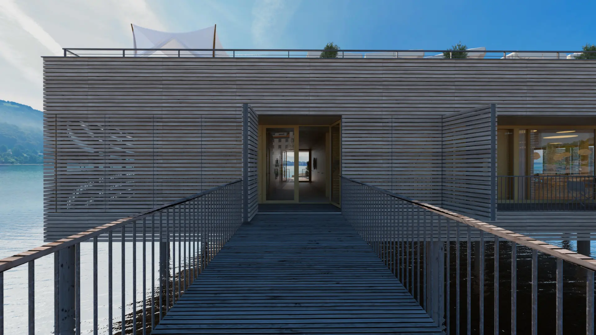 Holzgebäude mit Steg über Wasser