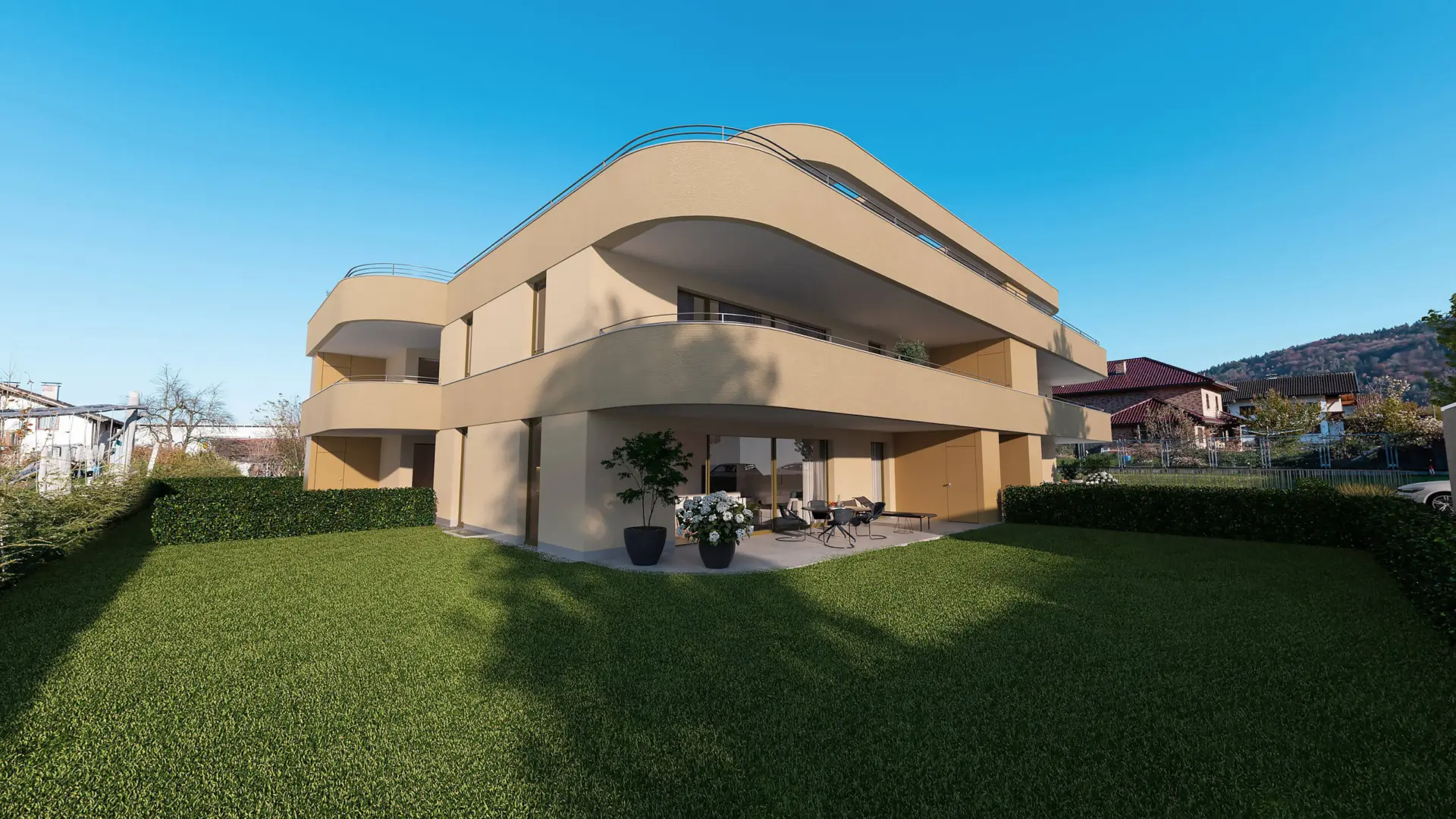Modernes Wohngebäude mit Terrasse und Garten