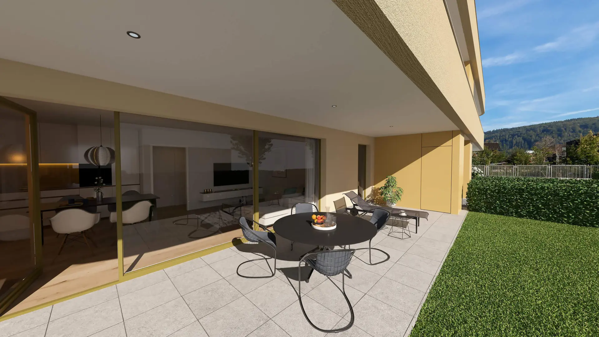 Moderne Terrasse mit Gartenansicht und Tischgruppe