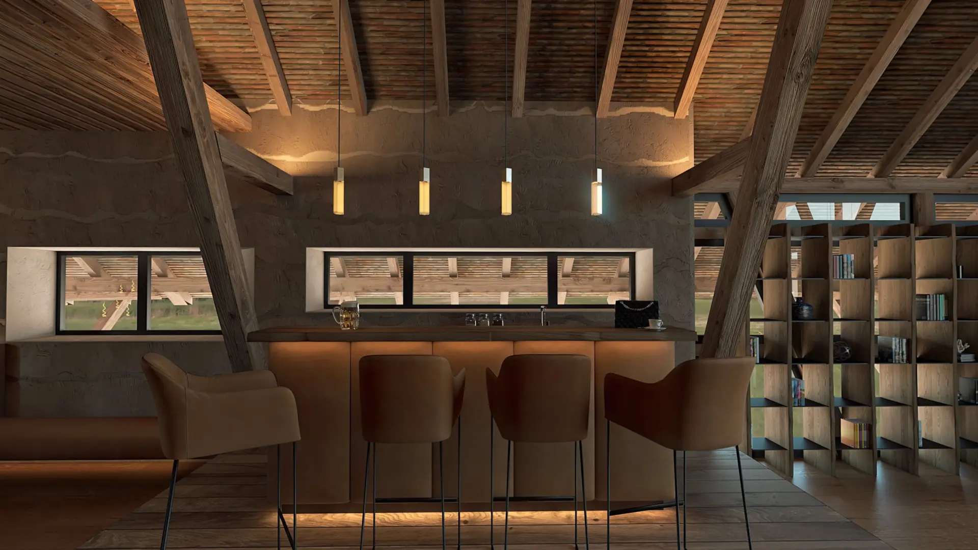 Gemütliche Bar mit Holzdekor und Barhockern.