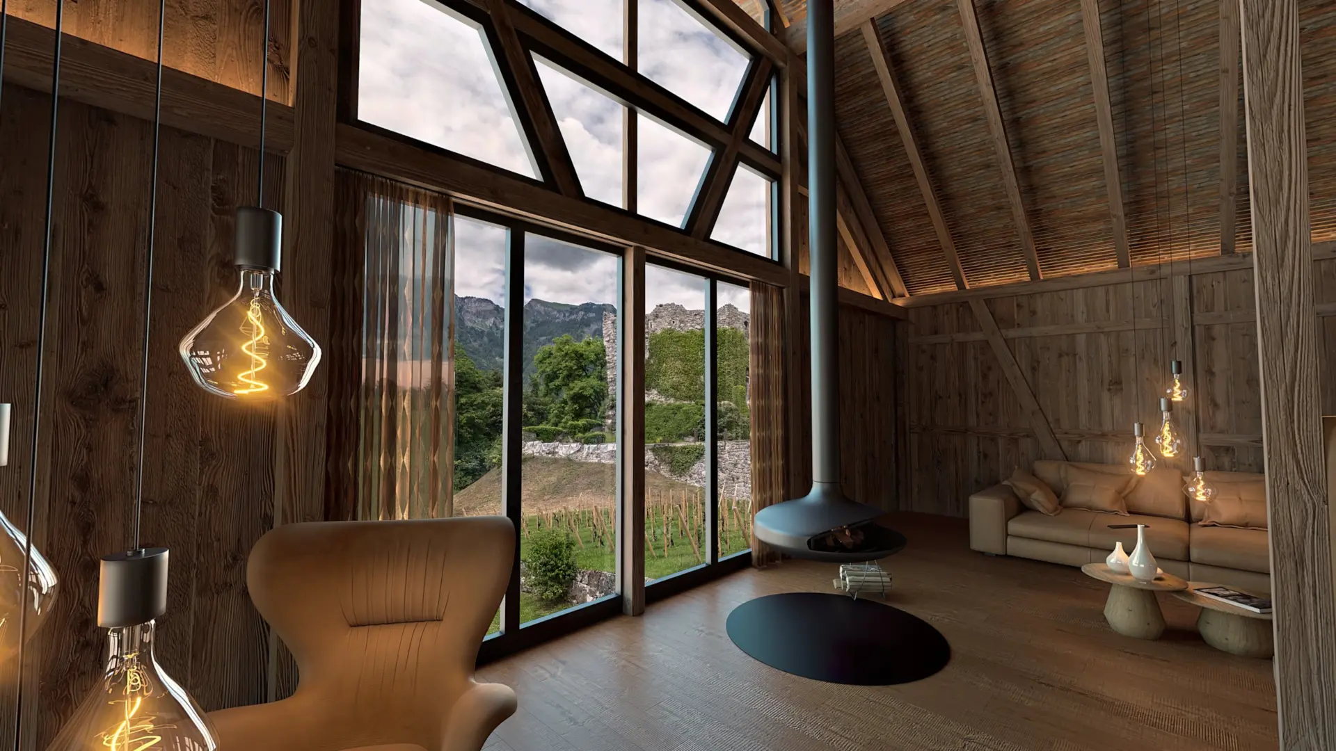 Holzinterieur mit großen Fenstern und Blick auf Natur.