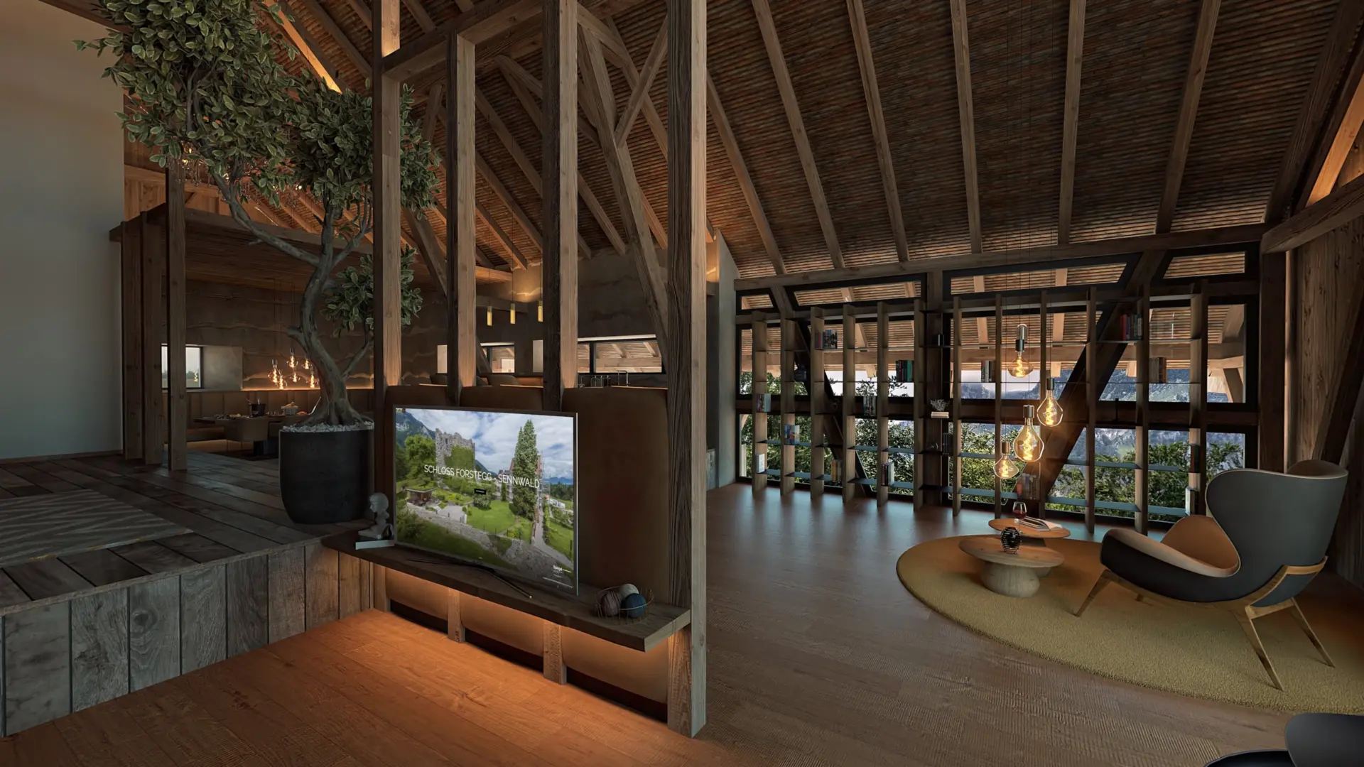 Modernes Wohnzimmer mit Holzelementen und großem Fernseher.