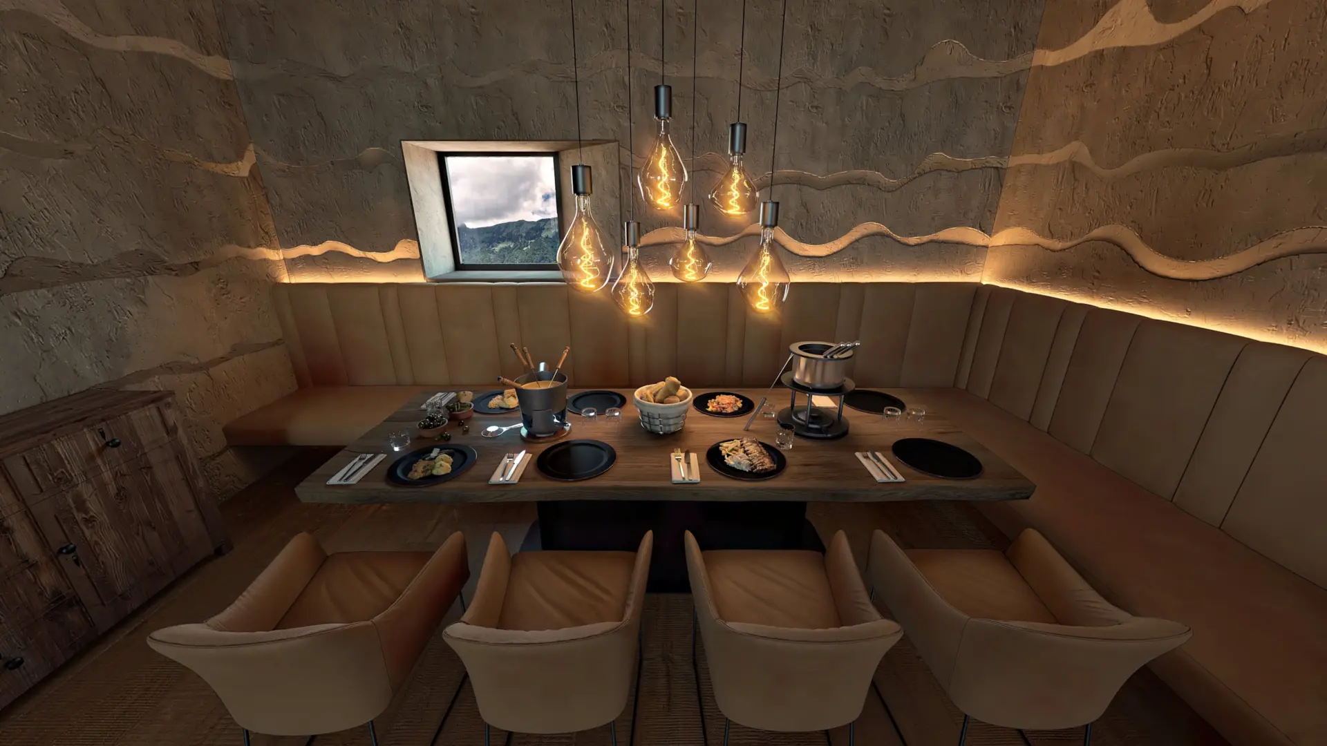 Gemütlicher Esstisch mit Fondue und Beleuchtung.