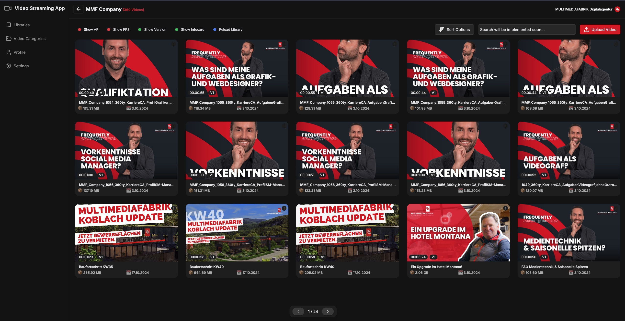 Video-Streaming-App mit verschiedenen Karrierethemen und Updates