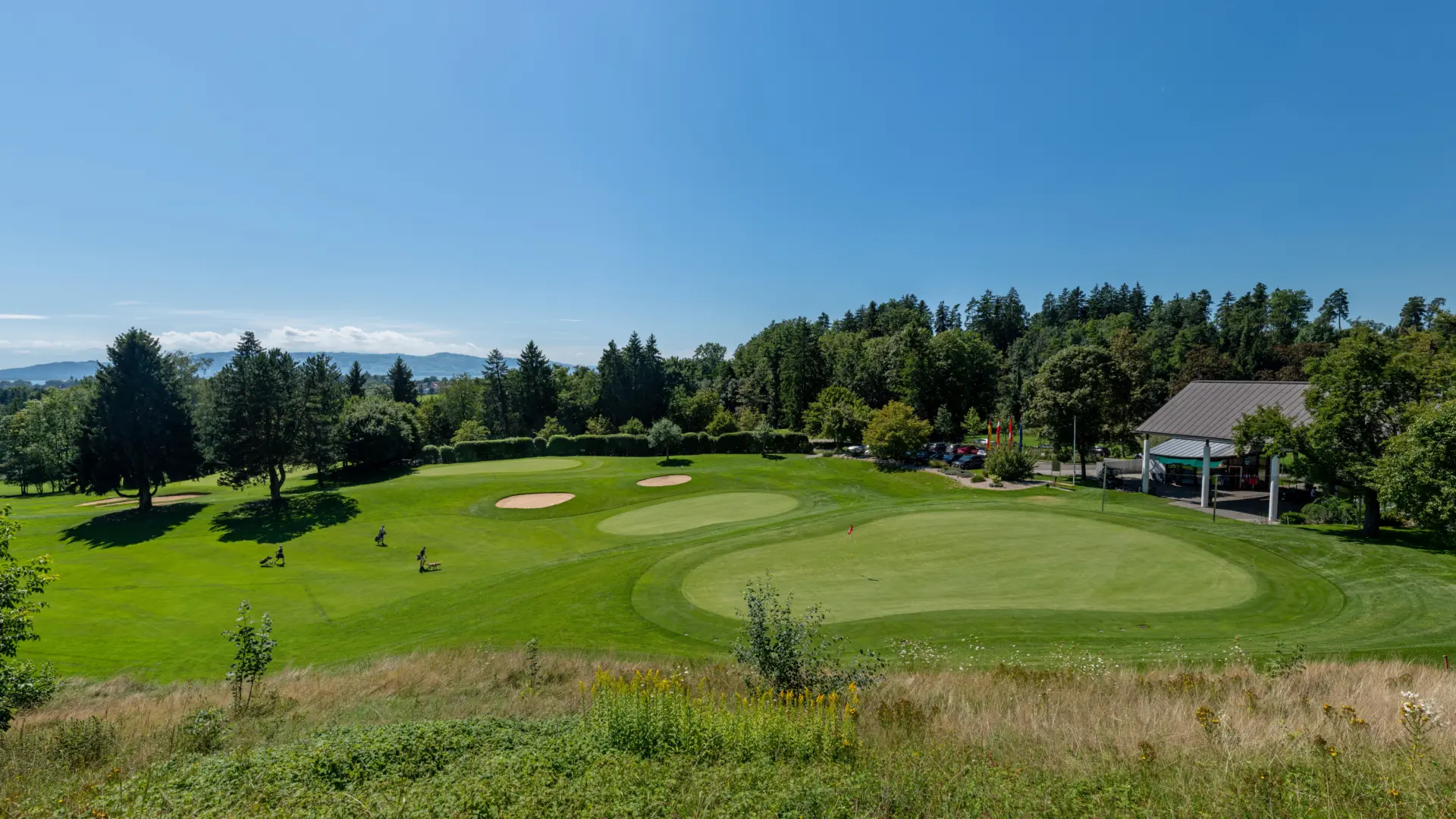 Golfplatz mit Bäumen und blauem Himmel