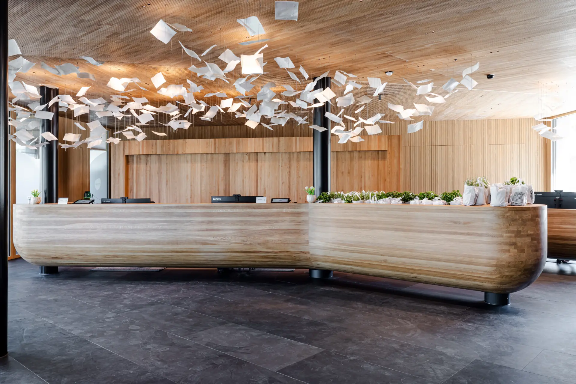 Moderne Holzrezeption mit kreativer Deckenbeleuchtung.