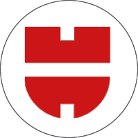 Rotes Logo, stilisiertes Symbol in Kreisform.