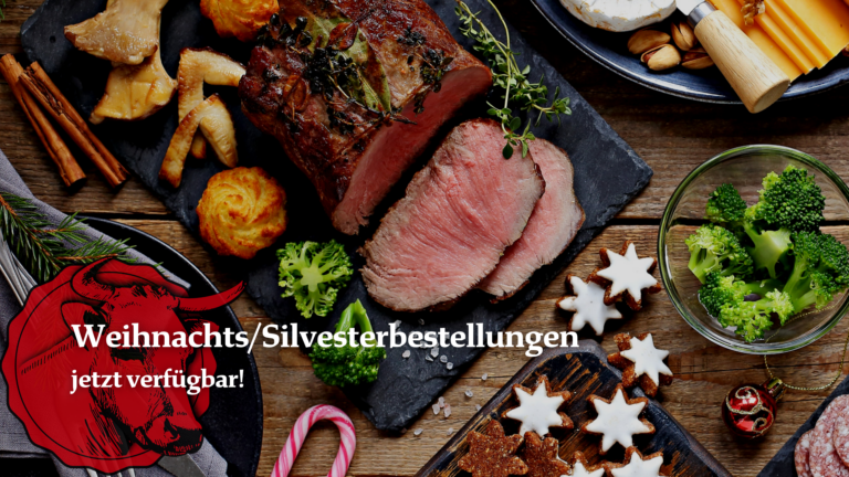 Weihnachtsmenü: Fleisch, Gemüse, Gebäck, Käse, Aufschnitt.