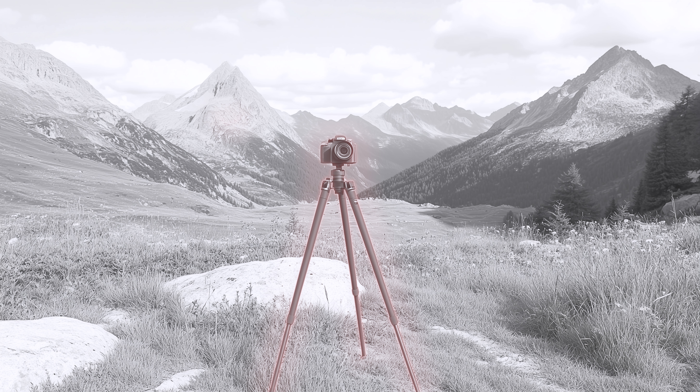 Kamera auf Stativ in Berglandschaft