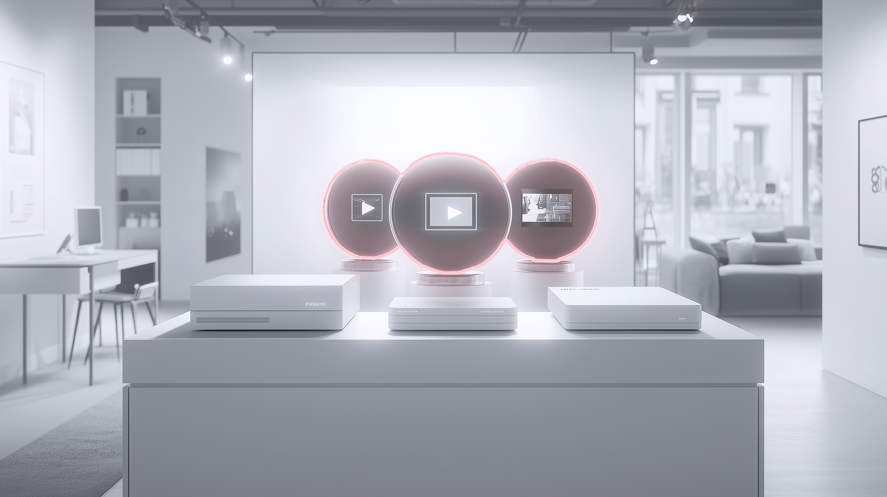 Moderner Showroom mit Technikgeräten auf Ausstellungsfläche.