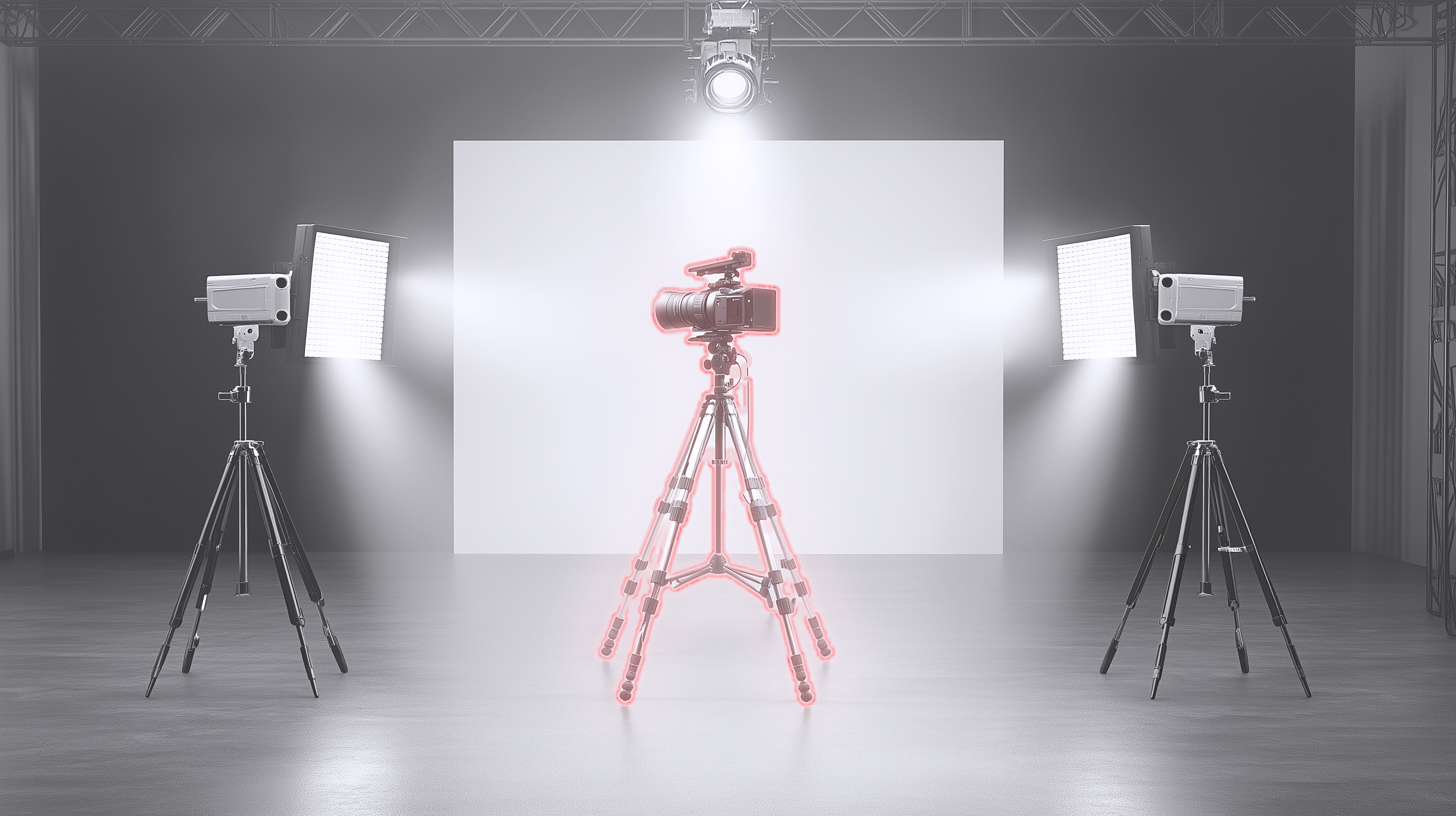 Kamera auf Stativ im Fotostudio mit Beleuchtung