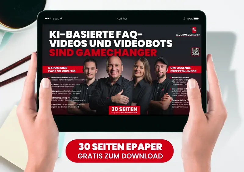 Tablet mit KI-Videoanzeige und Download-Angebot.