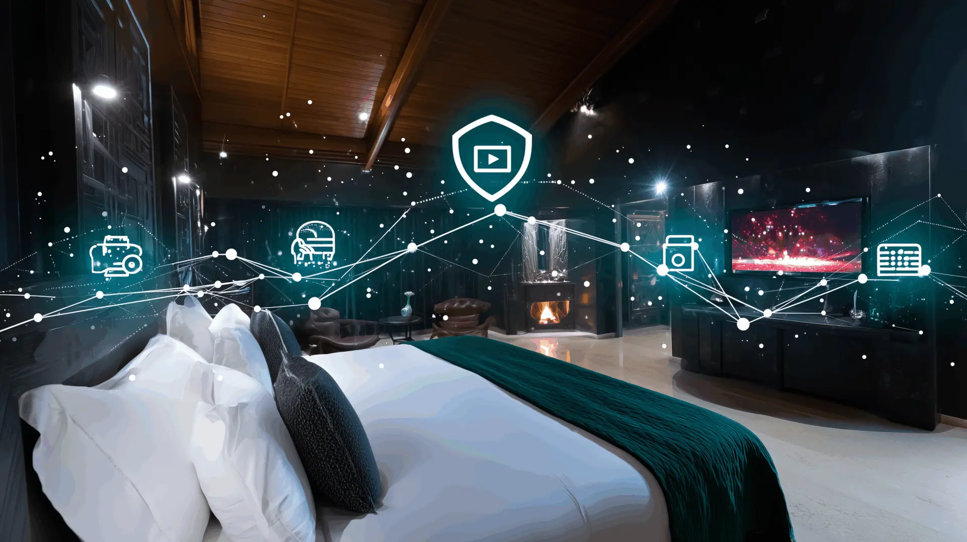 Smartes Schlafzimmer mit digitalen Symbolen