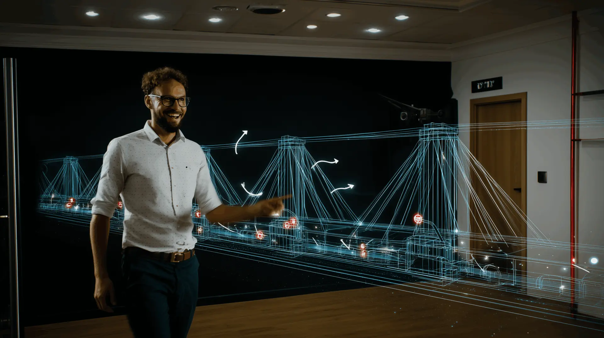 Mann präsentiert Brückendesign mit Augmented Reality.
