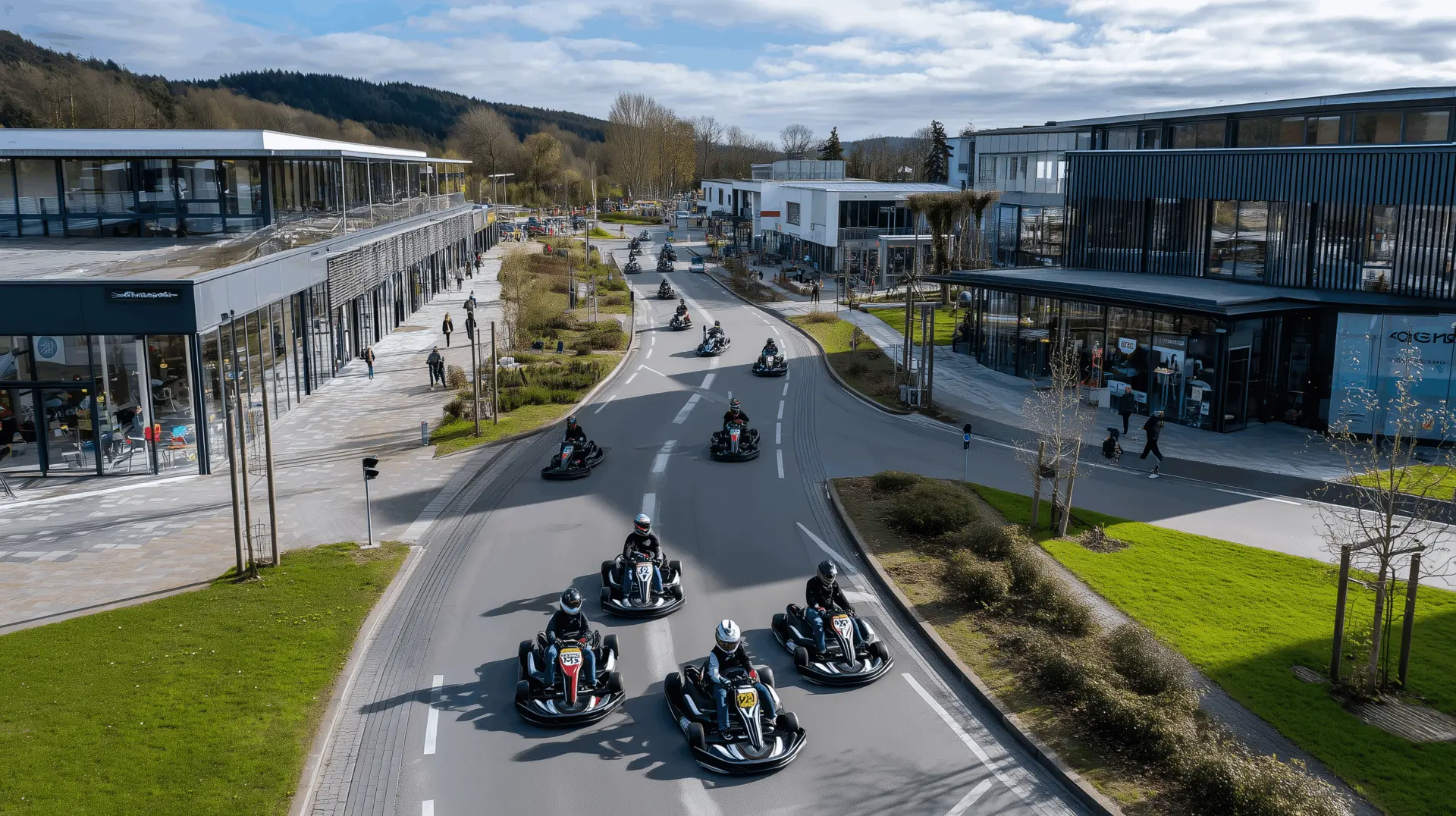 Kartfahrer auf einer breiten Straße bei sonnigem Wetter.