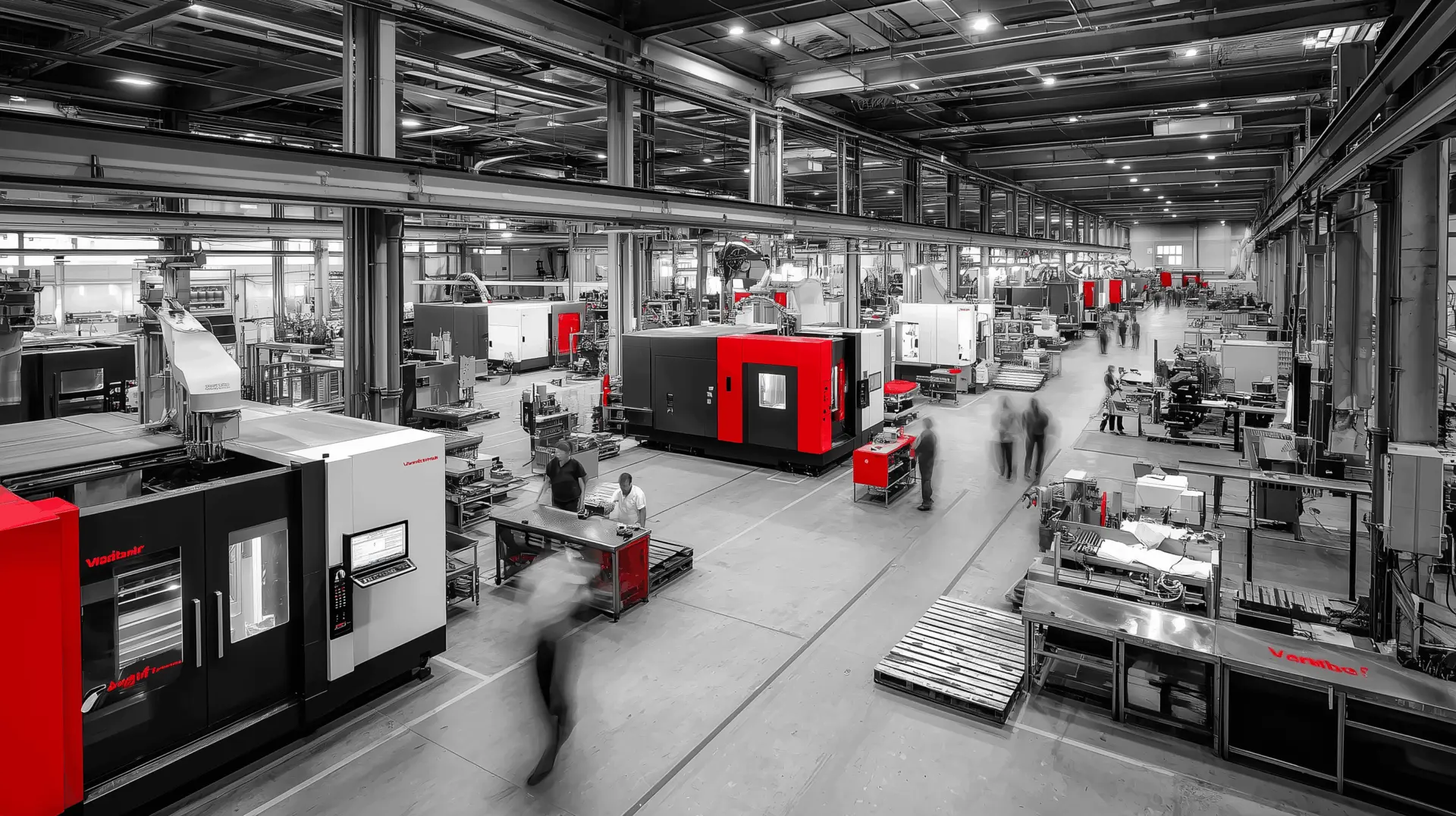 Große Fabrikhalle mit CNC-Maschinen und Arbeitern