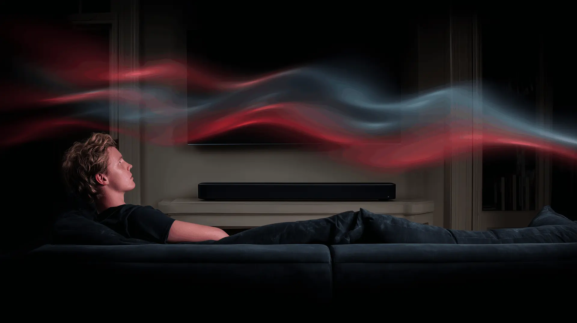 Person auf Sofa mit bunten Lichteffekten