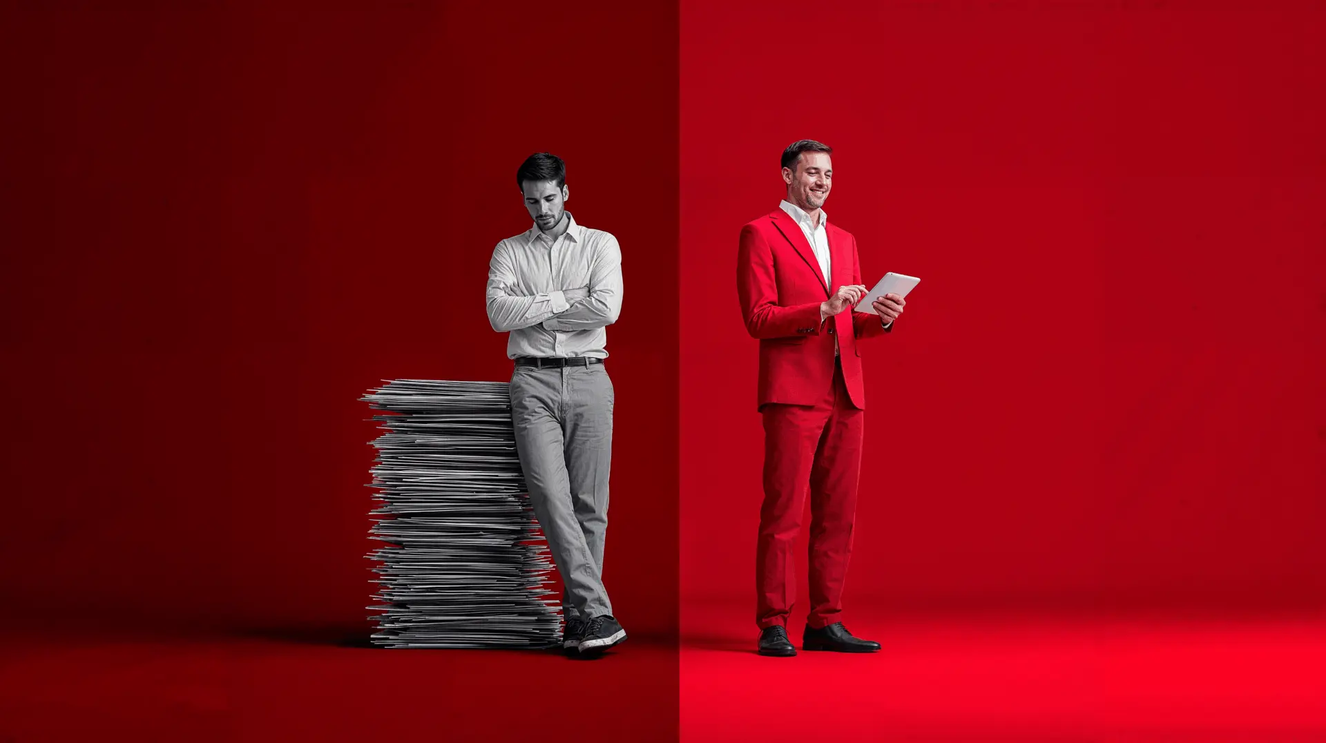 Mann mit Papierstapel links, Tablet rechts.