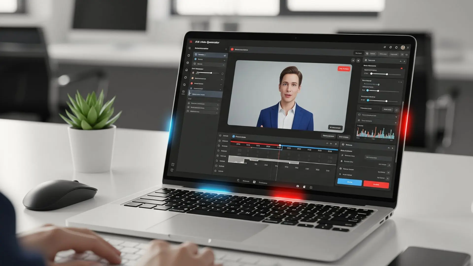 Laptop mit Video-Bearbeitungssoftware auf Schreibtisch