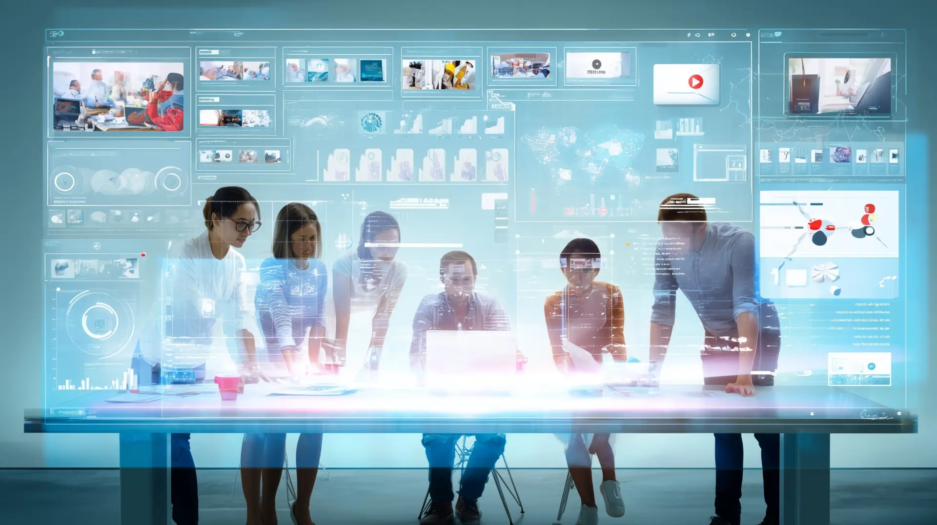 Team arbeitet an futuristischem holographischem Bildschirm.