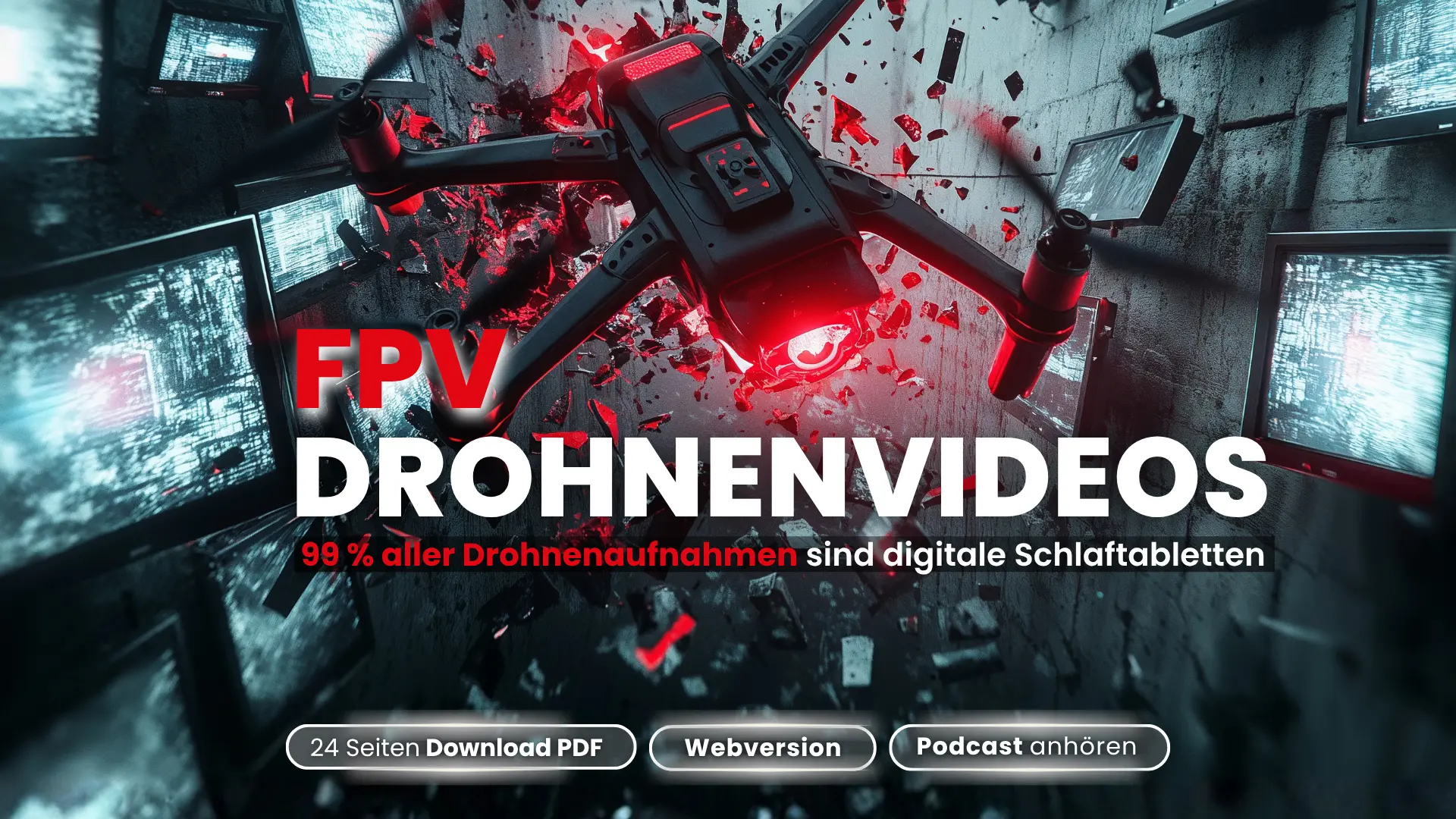 FPV Drohnenvideo mit zerbrechender Monitorwand.