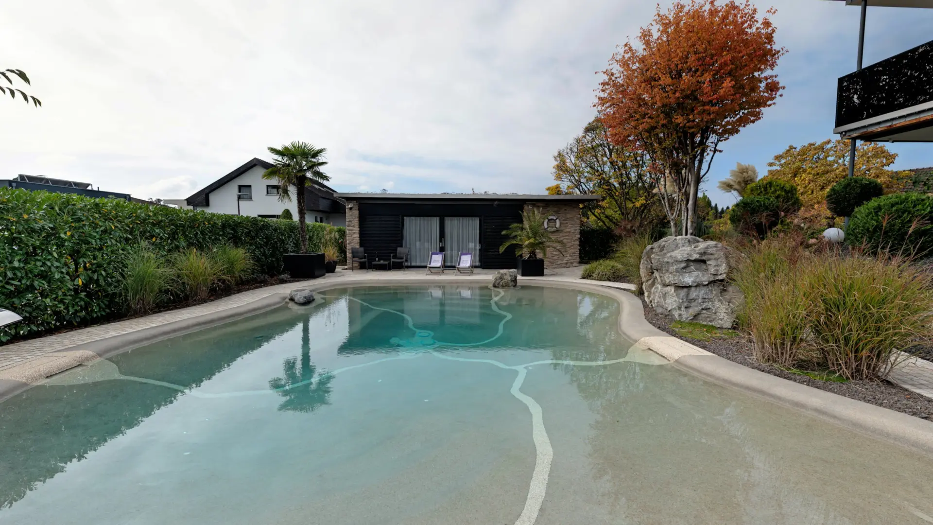 Gartenpool mit Palmen und Steinen