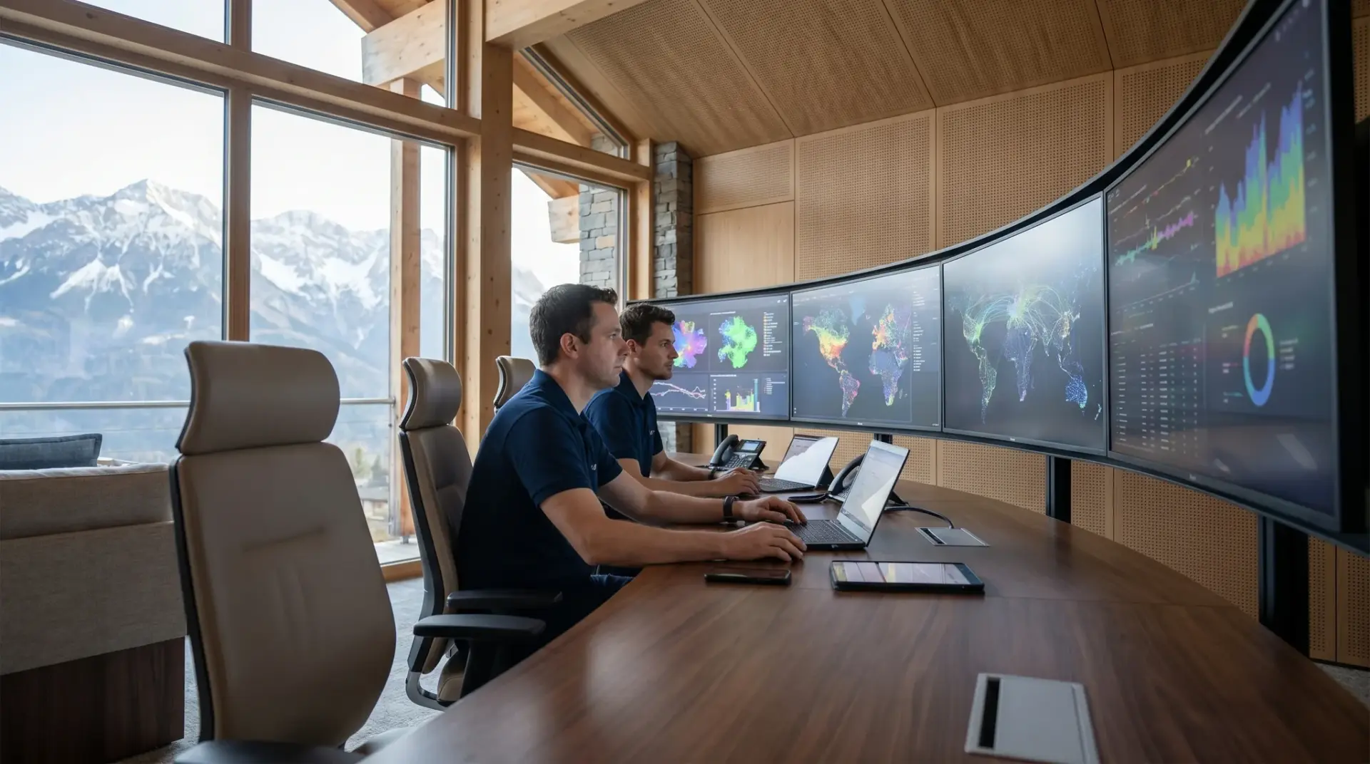 Besetzte Notfall-Leitstelle für Medientechnik mit Technikern an Monitoren bei Tageslicht