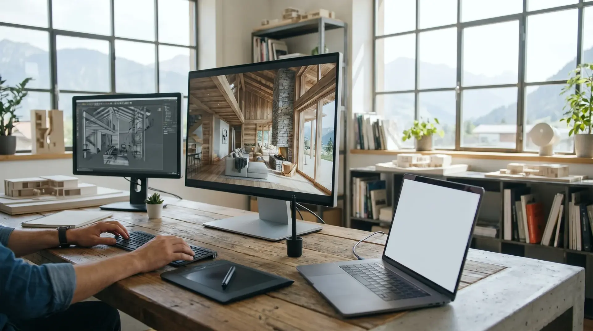 3D-Architektur-Visualisierung eines fotorealistischen Renderings auf einem großen Bildschirm im Studio