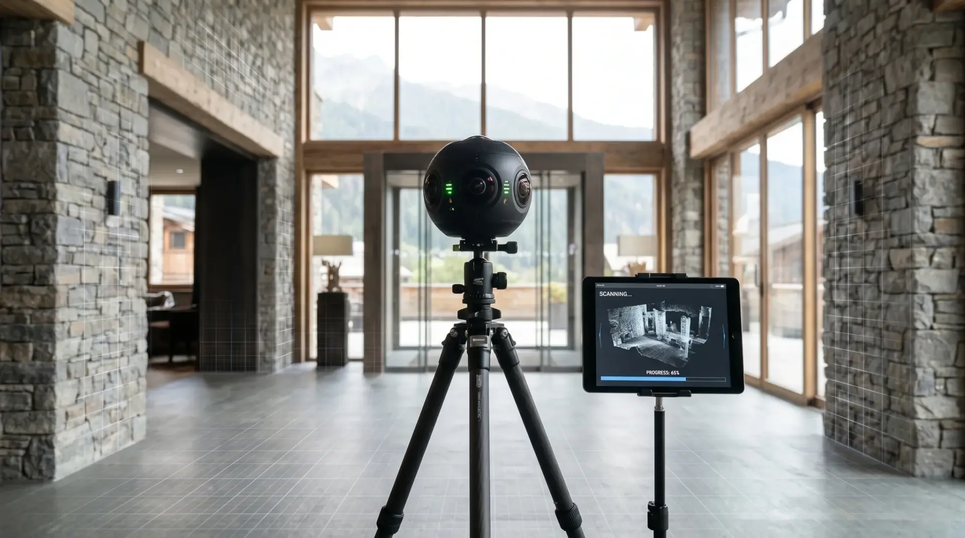 360-Grad-Kamera auf Stativ beim 3D-Scan eines hochwertigen Innenraums vor Ort