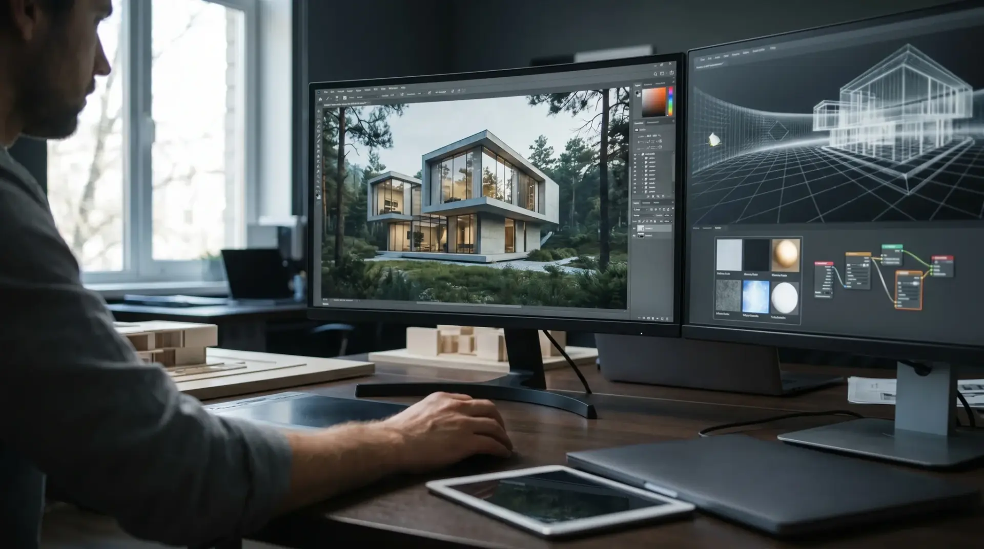 Fotorealistisches CAD-Rendering eines noch ungebauten Neubaus auf zwei Studiomonitoren