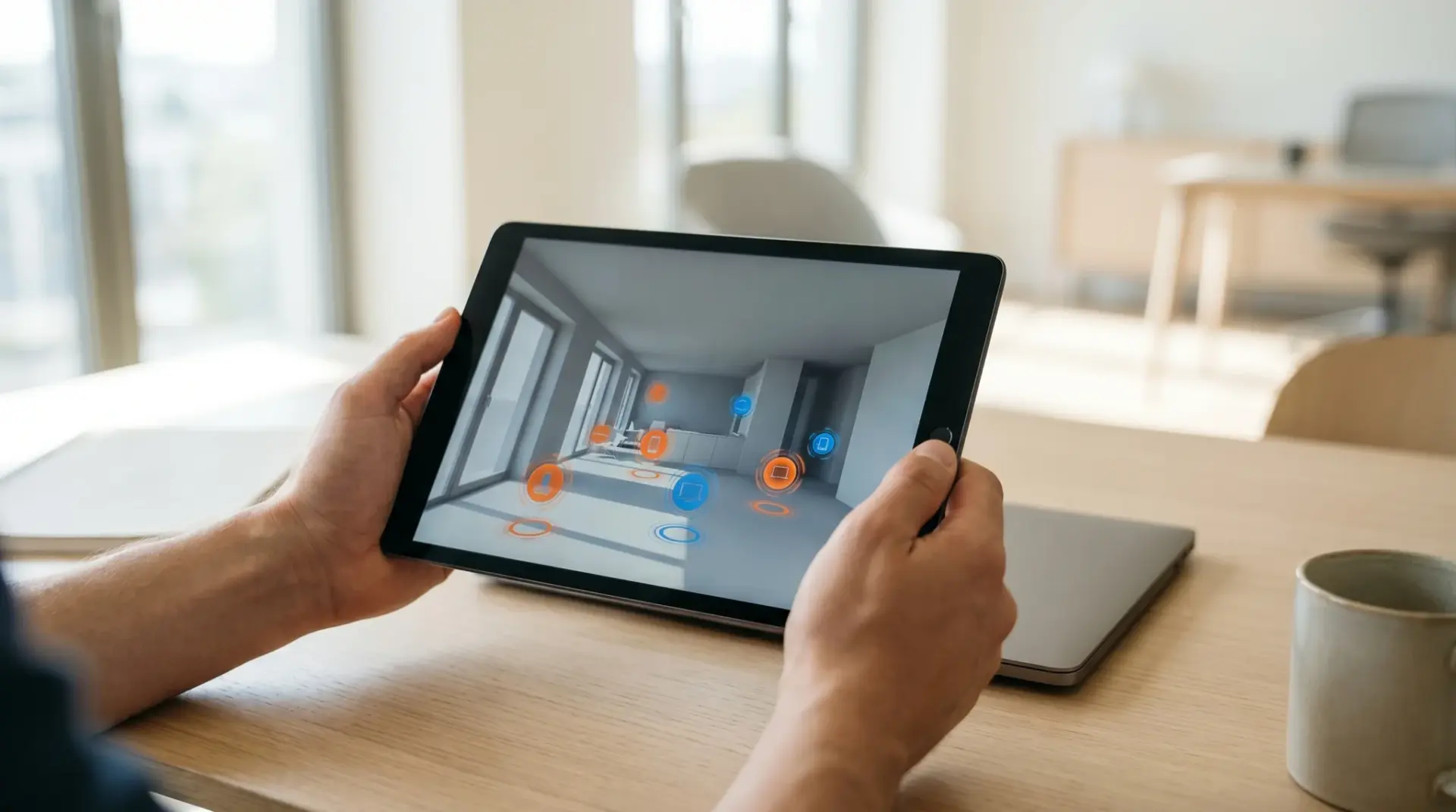 Person erkundet eine begehbare 360-Grad-Tour mit Hotspots auf einem Tablet