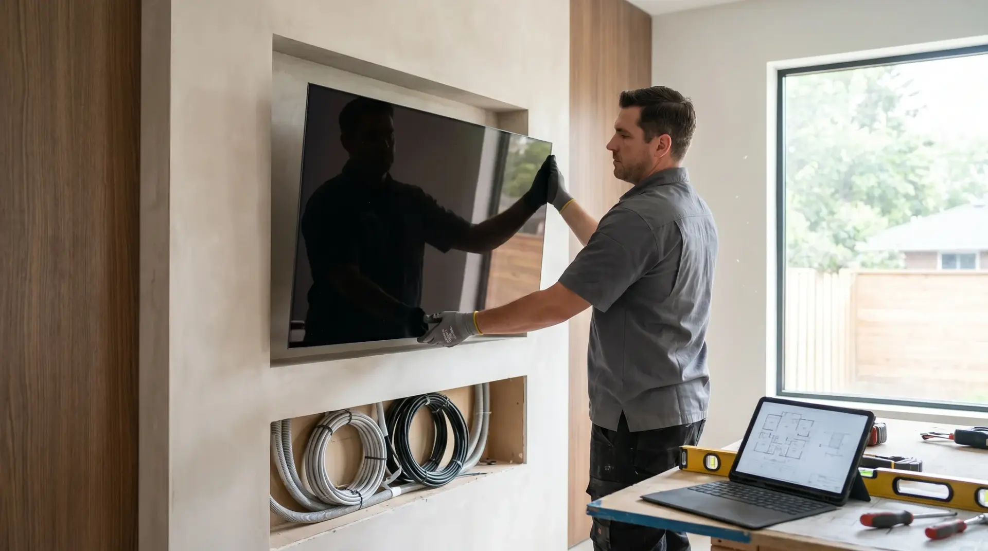Techniker integriert ein OLED-Display bündig in den Wandaufbau mit verdeckten Kabelwegen