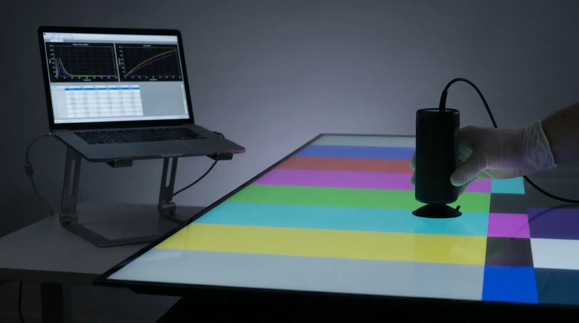 Messsonde vor dem OLED-Display bei der professionellen Kalibrierung mit Laptop