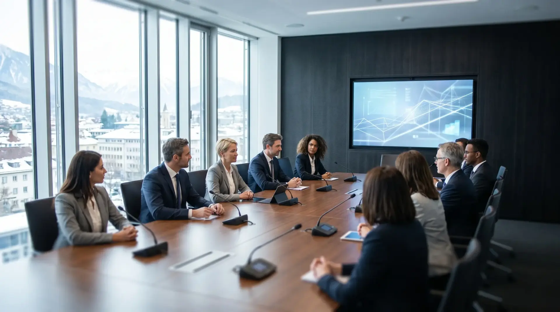 OLED-Display im Boardroom zeigt scharfe Charts für eine Runde am Konferenztisch