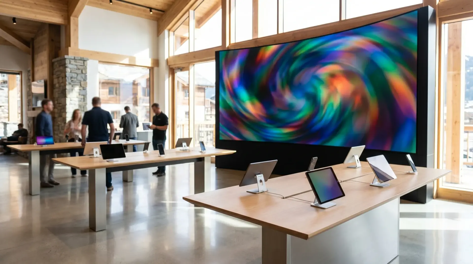 OLED-Display als brillante Markenwand in einem hellen Flagship-Showroom