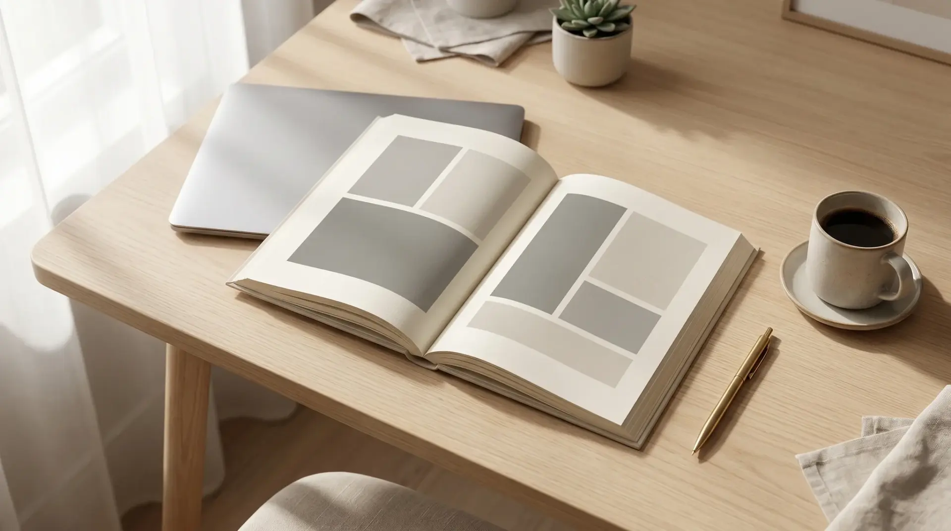 Der 4K/8K-OLED-Display-Guide 2026 als aufgeschlagener Premium-Leitfaden neben einem Laptop auf hellem Schreibtisch