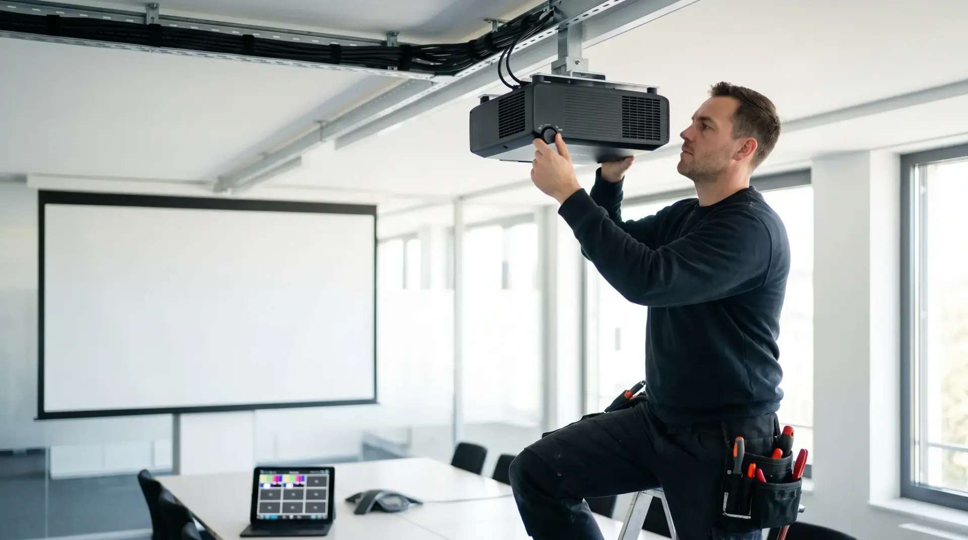 Techniker montiert einen 4K-Laser-Projektor an einer Deckenhalterung und richtet ihn aus