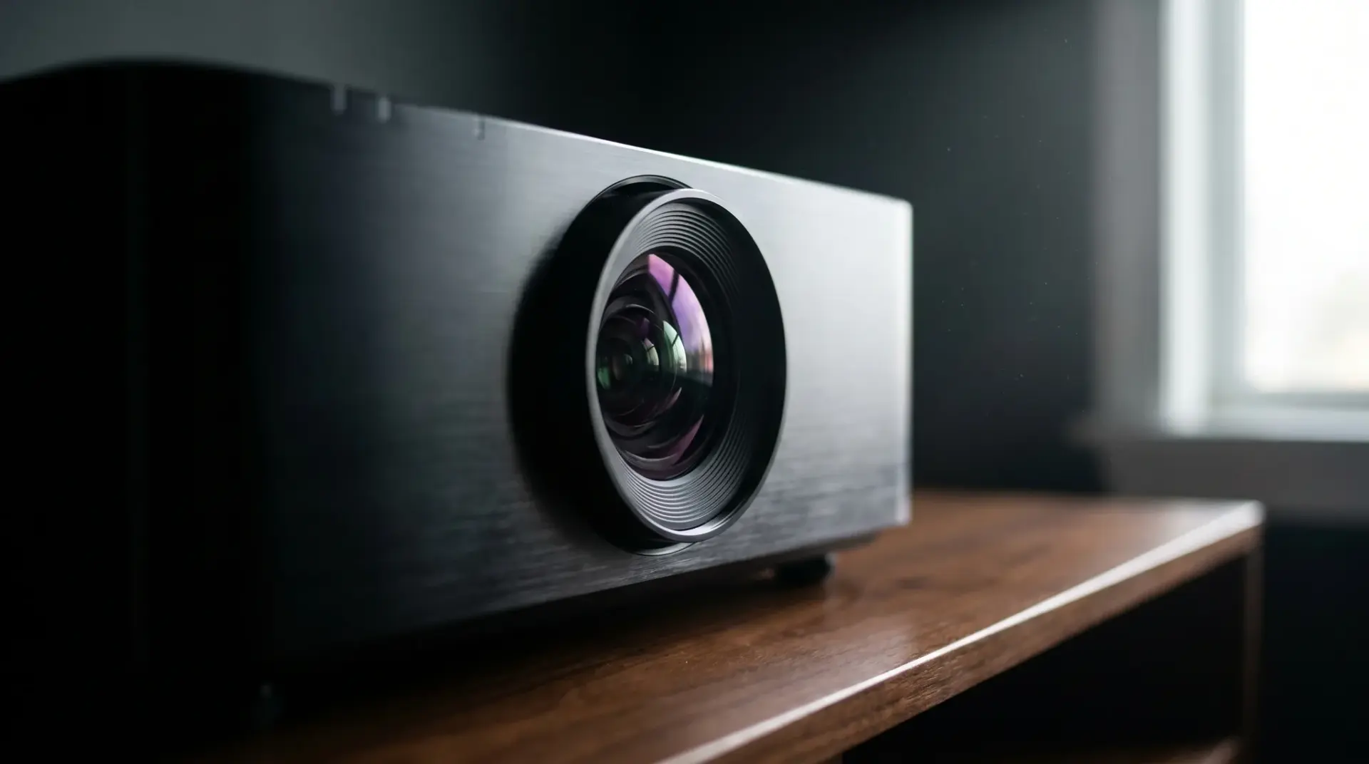 Detailaufnahme eines hochwertigen 4K-Laser-Projektors mit Linse aus nächster Nähe