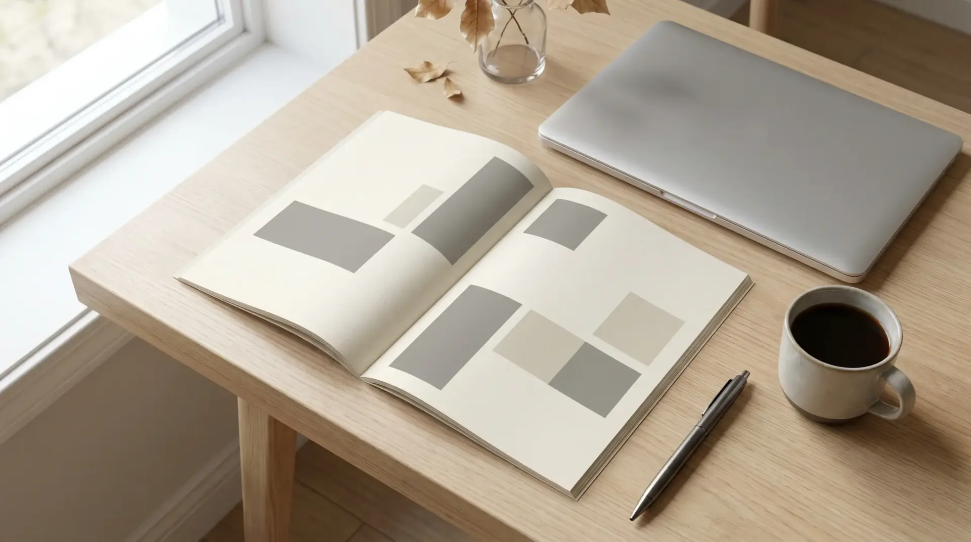 Der 4K-Projektoren-Guide 2026 als aufgeschlagener Premium-Leitfaden neben einem Laptop auf hellem Schreibtisch
