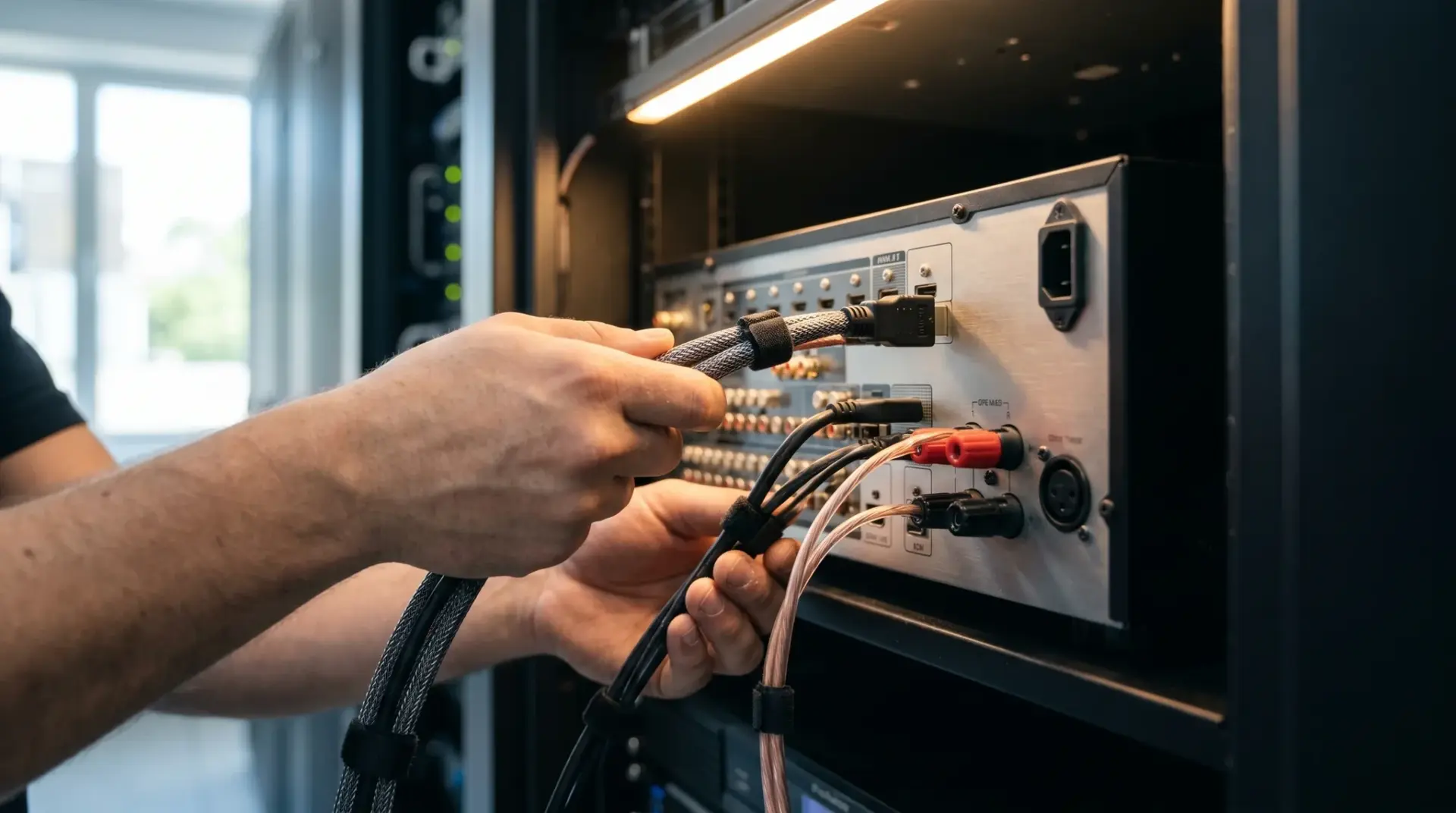 Techniker verkabelt den AC-Receiver mit sauberem Kabelmanagement im AV-Rack