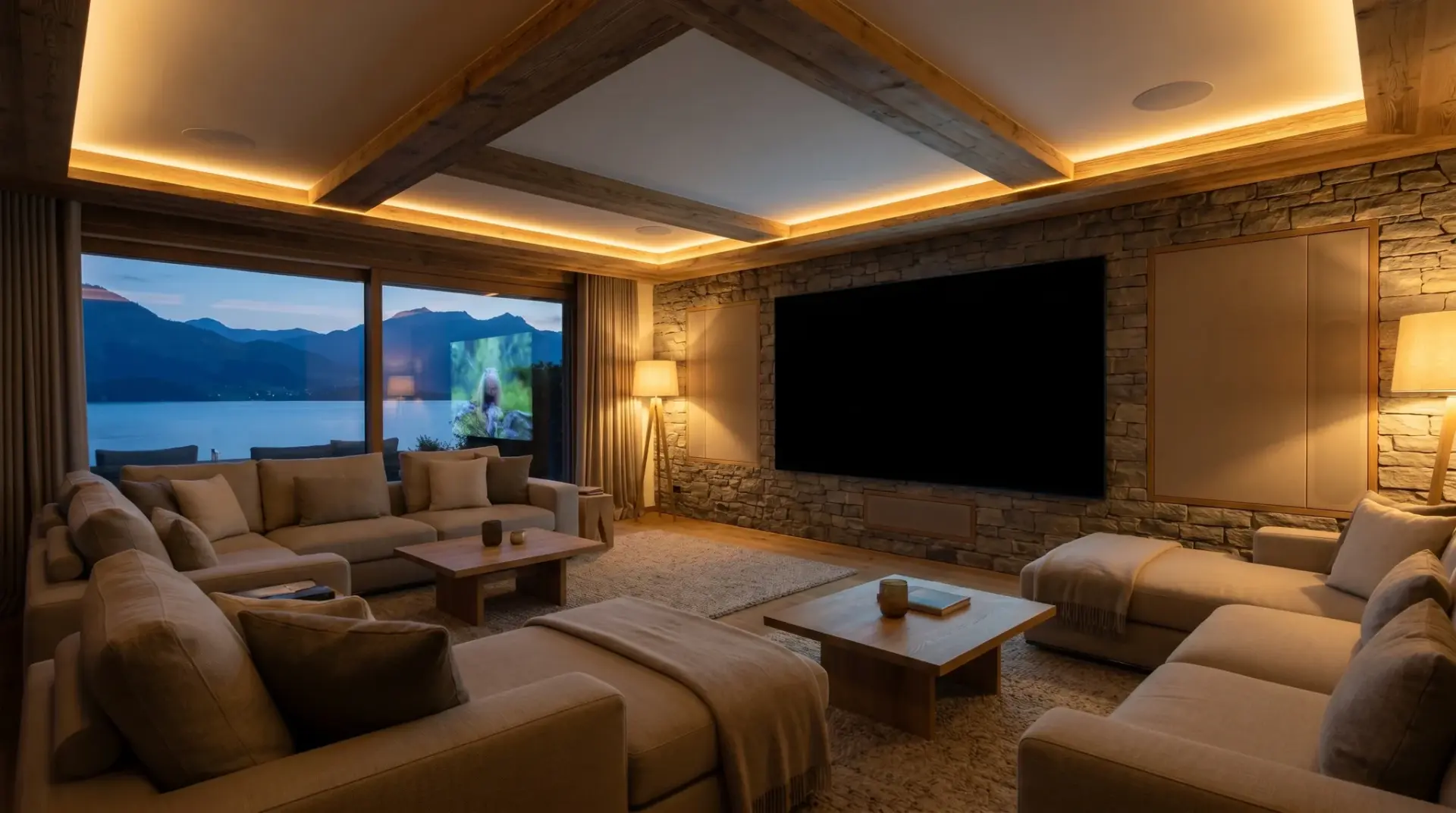 Elegantes Wohnzimmer-Heimkino mit unsichtbaren In-Wall-Lautsprechern und OLED-Display