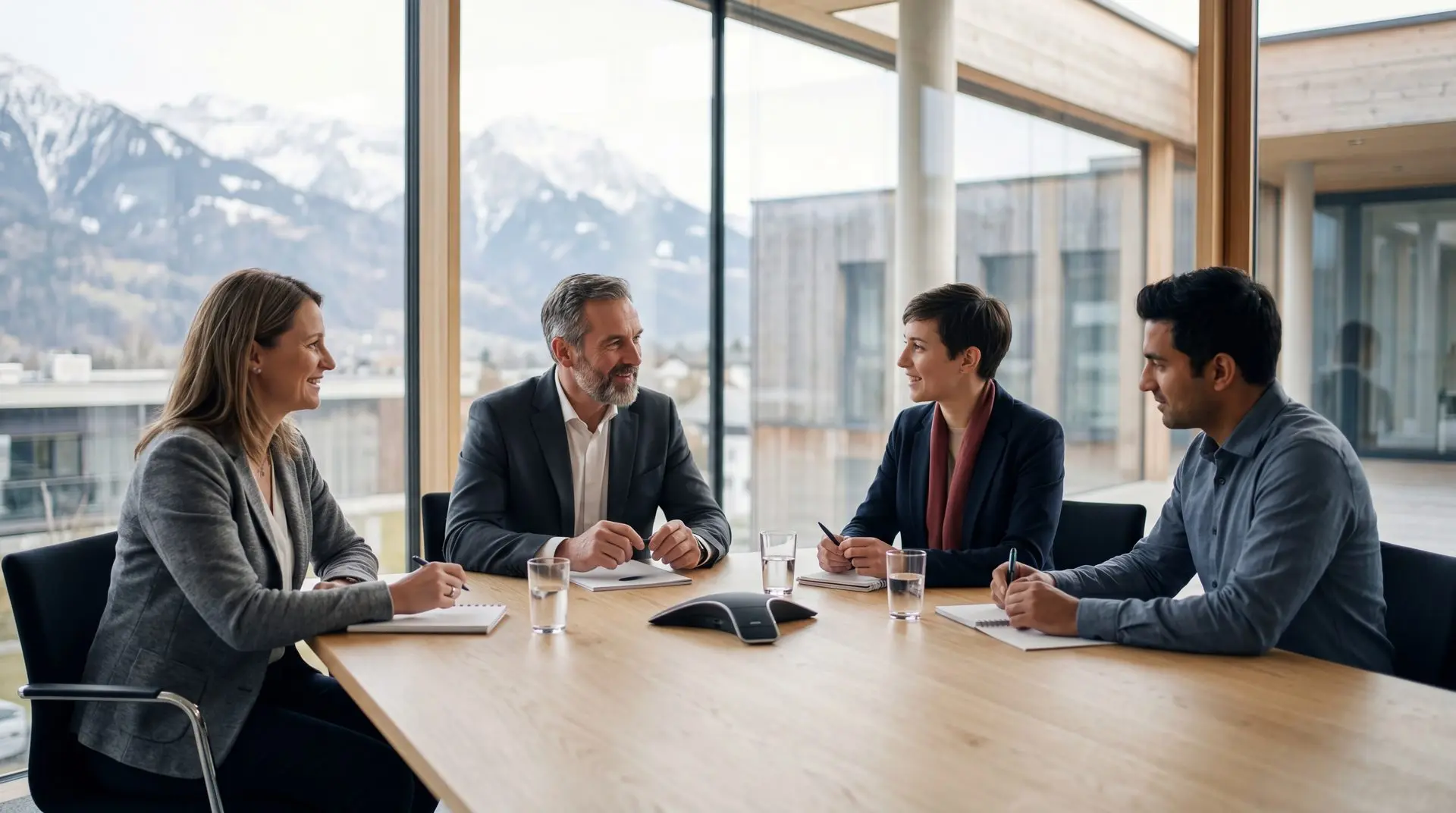 Team in einer Besprechung in einem hellen Büro mit Alpenblick
