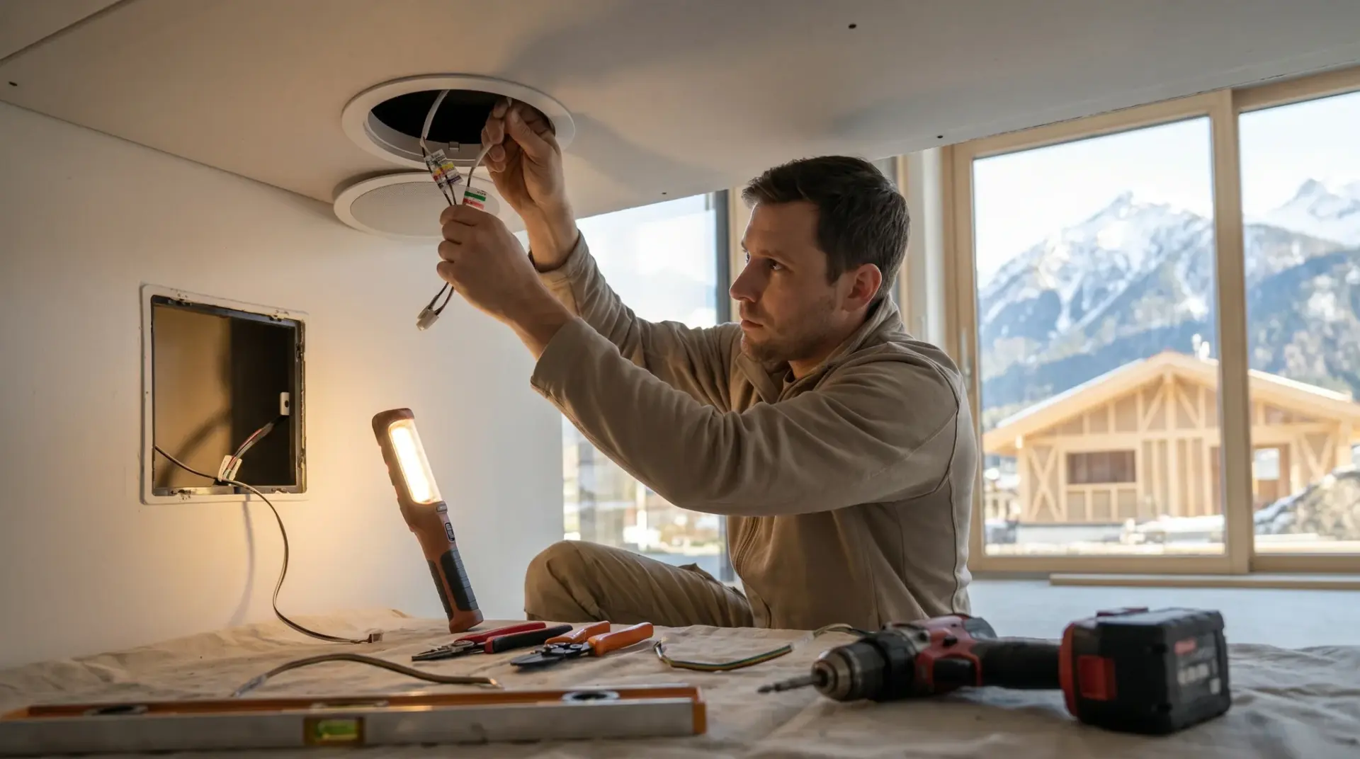 Medientechniker installiert einen flächenbündigen In-Ceiling-Lautsprecher in eine Decke
