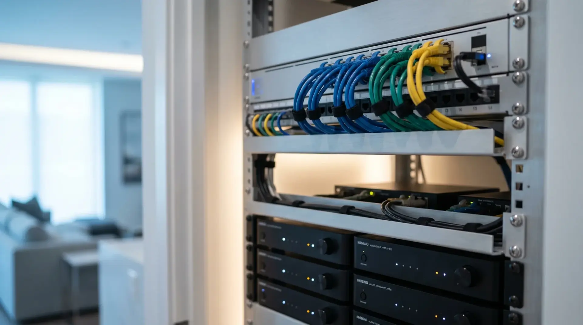 Strukturierte Netzwerk-Verkabelung mit Managed Switch und Zonen-Verstärkern für drahtloses Audio