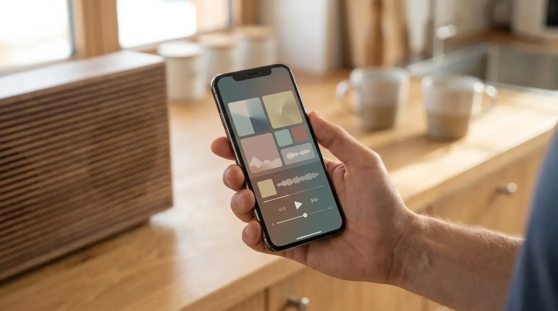 Hand wählt auf einem Smartphone mit Musik-App synchrone Zonen für mehrere Räume aus