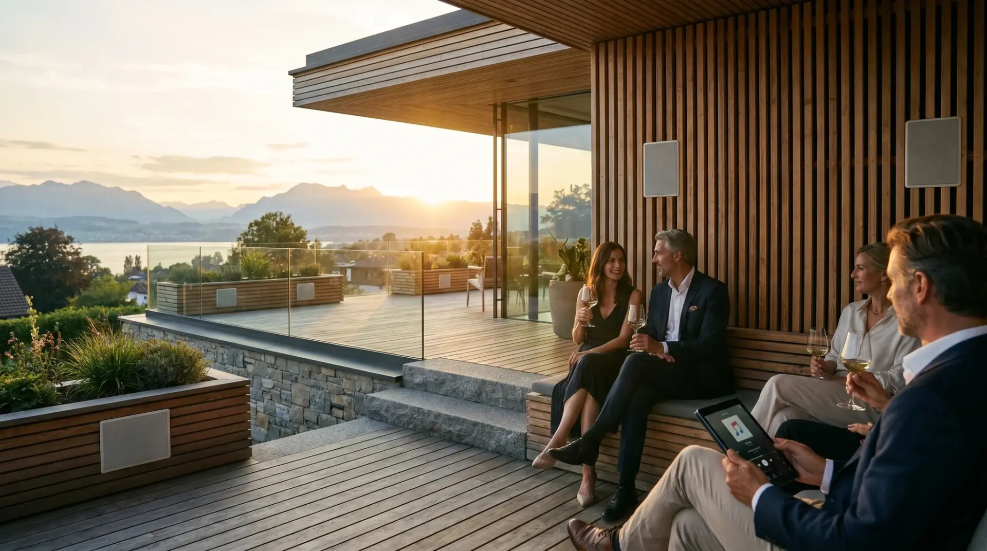 Designvilla mit Terrasse und Outdoor-Lautsprechern, drahtlose Beschallung über mehrere Zonen