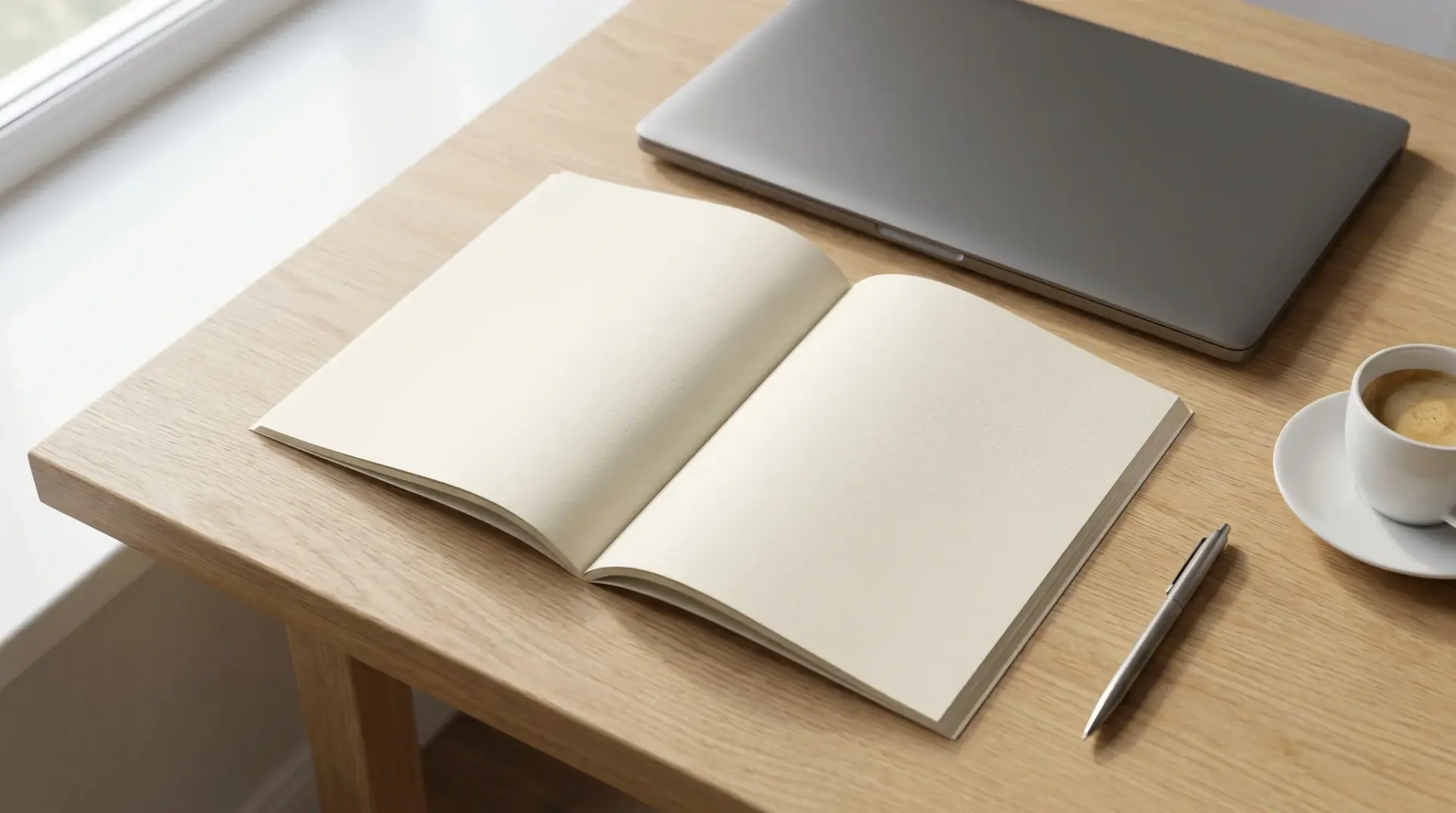 Offener Leitfaden als Booklet neben einem Laptop auf einem hellen Schreibtisch