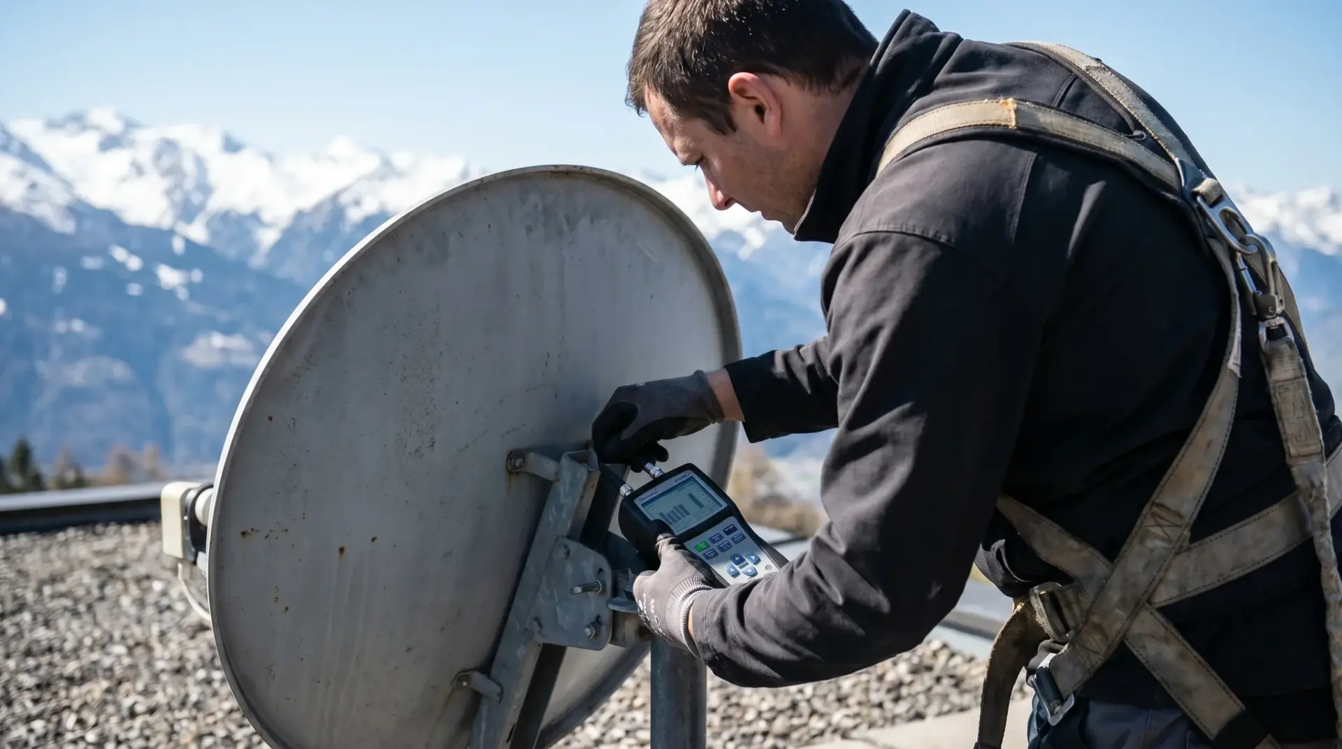 Techniker richtet auf dem Dach eine Parabolantenne mit Messgerät aus