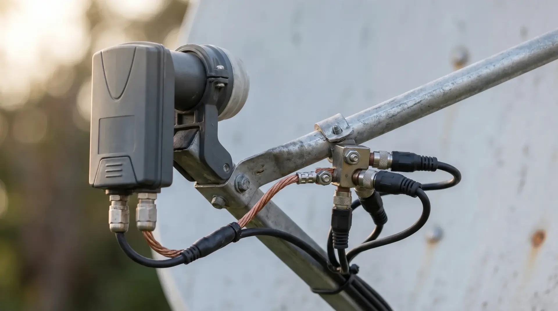 Erdungsblock, LNB und Koaxial-Einspeisung der Empfangstechnik im Detail