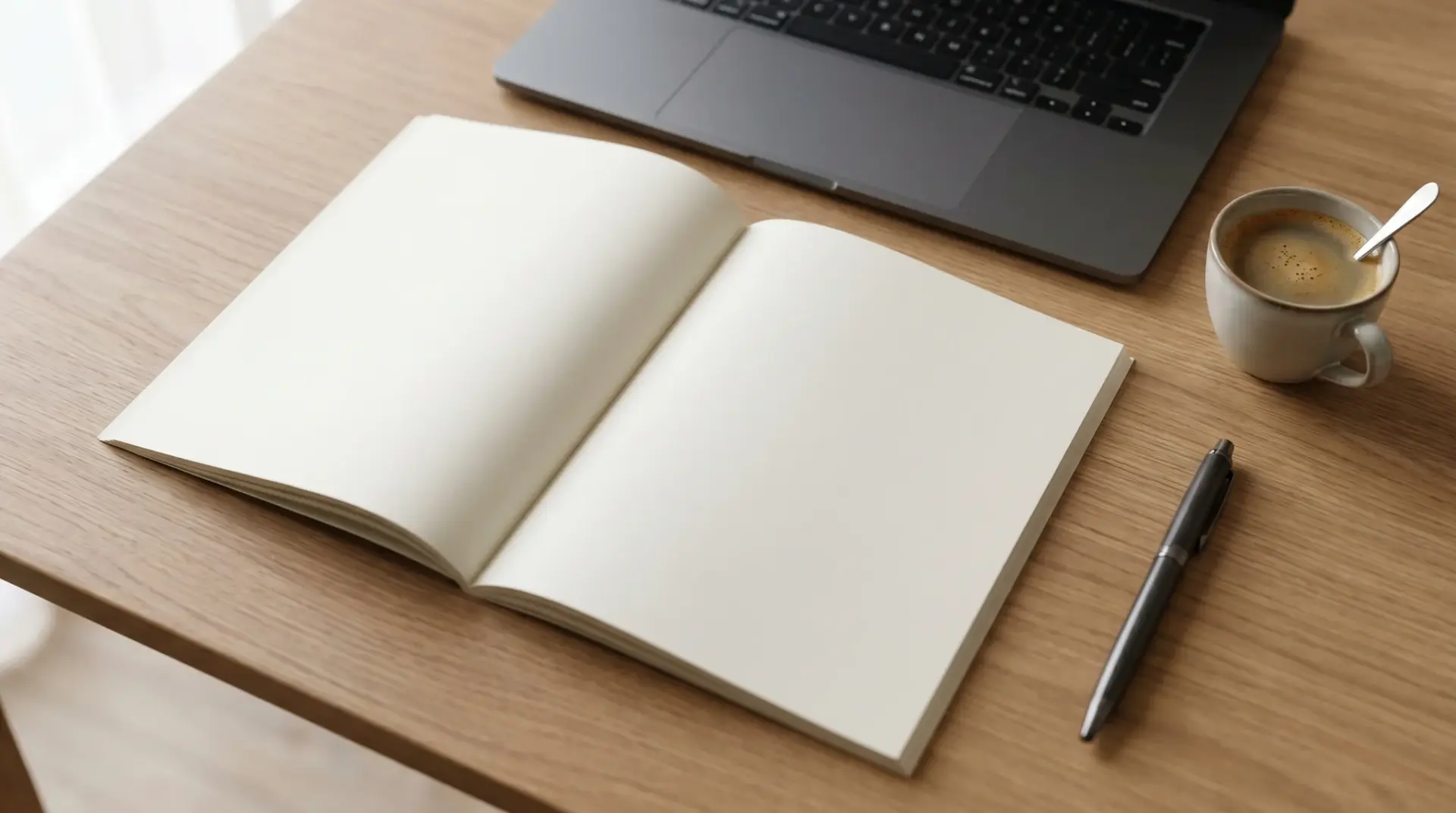 Offener Leitfaden als Booklet neben einem Laptop auf einem hellen Schreibtisch